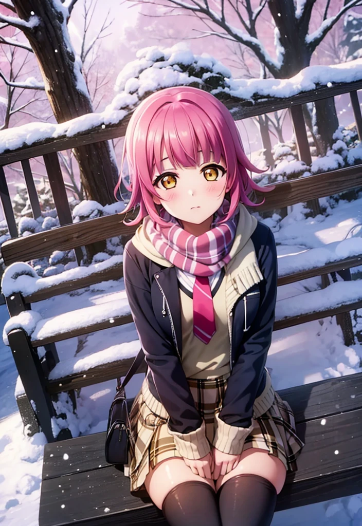 1girl, solo, tennouji rina, short hair, pink hair, ahoge,, o, thighhighs, blush, looking at viewer, expressionless, small breasts, perfect face,top-quality, ultra-quality,from above, solo, rown coat, scarf, kneehighs, blank eyes, inexpressive face, park, waiting, bench, snow, snowing, tree, nature,