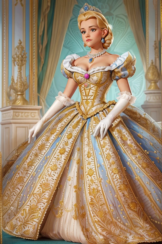 1950s royal style, Formal and Official Coronation Portrait, Portrait of a stunningly beautiful young blonde Reese Witherspoon as a Queen wearing A Stately and Elaborate Royal Cinderella Court Gown with (((enormous puffed sleeves))), an hourglass waist, and a (((huge crinoline hoopskirt))) adorned with bows, embroidery, and jewels, long white gloves, pearl necklace and earrings