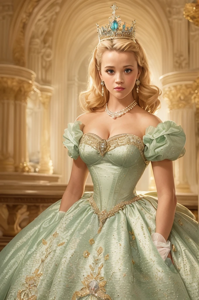 1950s royal style, Formal and Official Coronation Portrait, Portrait of a stunningly beautiful young blonde Reese Witherspoon as a Queen wearing A Stately and Elaborate Royal Cinderella Court Gown with (((enormous puffed sleeves))), an hourglass waist, and a (((huge crinoline hoopskirt))) adorned with bows, embroidery, and jewels, long white gloves, pearl necklace and earrings