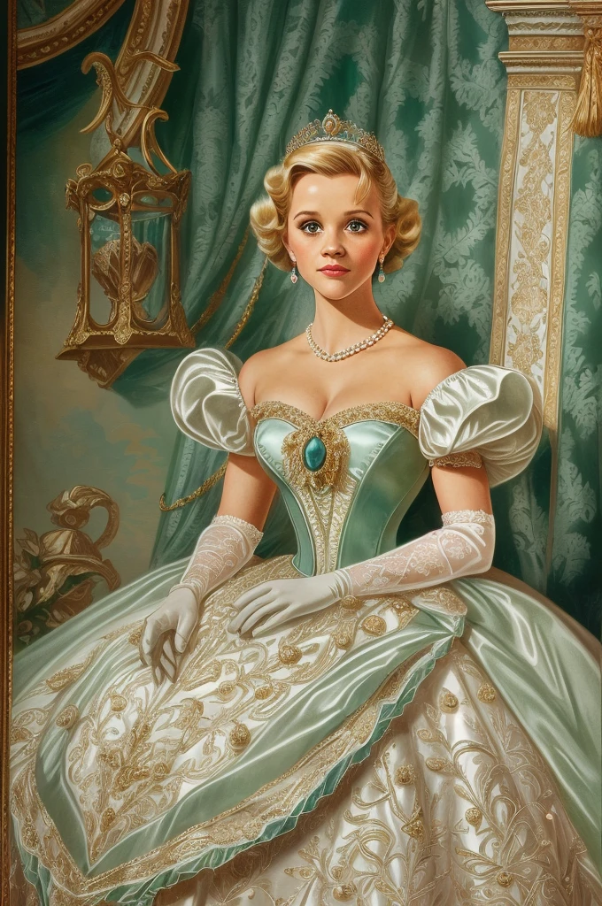 1950s royal style, Formal and Official Coronation Portrait, Portrait of a stunningly beautiful young blonde Reese Witherspoon as a Queen wearing A Stately and Elaborate Royal Cinderella Court Gown with (((enormous puffed sleeves))), an hourglass waist, and a (((huge crinoline hoopskirt))) adorned with bows, embroidery, and jewels, long white gloves, pearl necklace and earrings