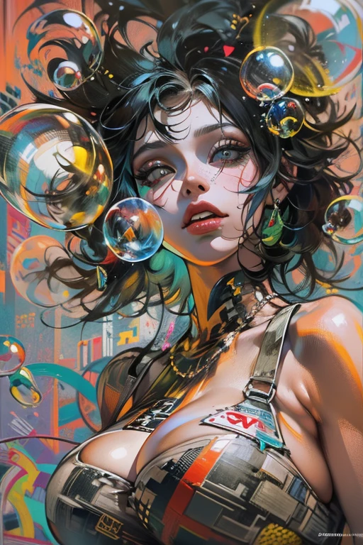 Drunk beautiful woman like sandman delirium，（hallucinogenic soap bubbles），Jeremi Mann，by sandra chevrier，Dave McKean、Richard Aviden、Mercy Je Kusiara，PUNK ROCK，Tank Girl，high detal，8K,((Huge breasts :1.5)）