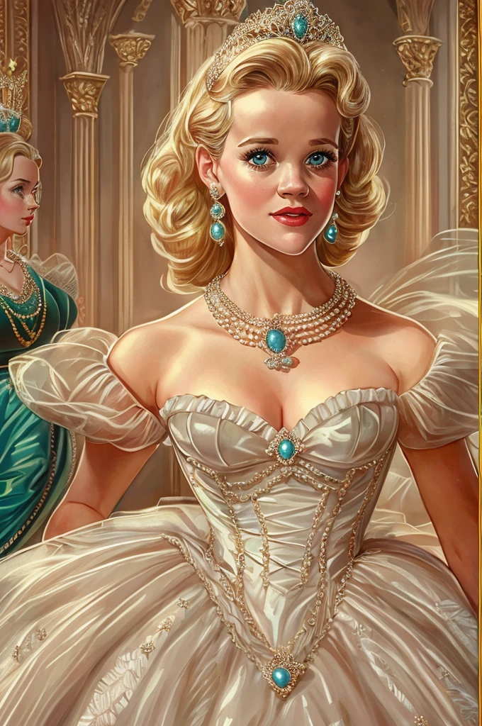 1950s royal style, Formal and Official Coronation Portrait, Portrait of a stunningly beautiful young blonde Reese Witherspoon as a Queen wearing A Stately and Elaborate Royal Cinderella Court Gown with (((enormous puffed sleeves))), an hourglass waist, and a (((huge crinoline hoopskirt))) adorned with bows, embroidery, and jewels, long white gloves, pearl necklace and earrings