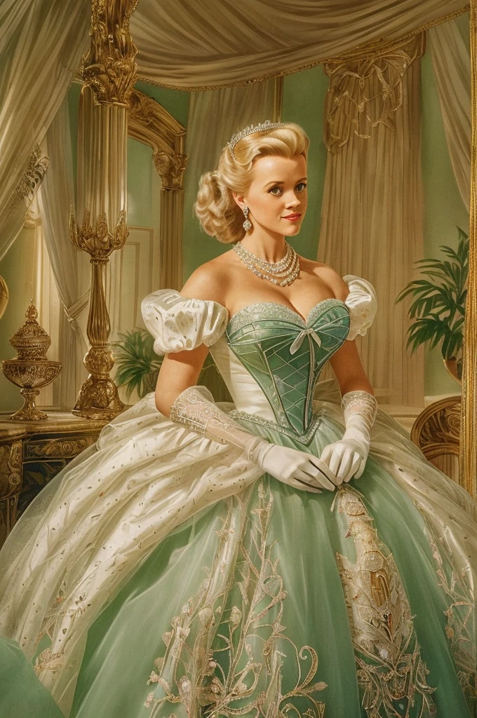 1950s royal style, Formal and Official Coronation Portrait, Portrait of a stunningly beautiful young blonde Reese Witherspoon as a Queen wearing A Stately and Elaborate Royal Cinderella Court Gown with (((enormous puffed sleeves))), an hourglass waist, and a (((huge crinoline hoopskirt))) adorned with bows, embroidery, and jewels, long white gloves, pearl necklace and earrings
