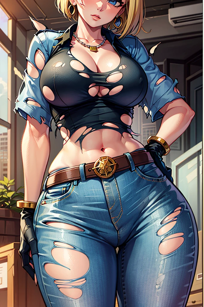 best quality, high definition, and18, 1girl, Android 18, solo, blonde hair, blue eyes, belt, jeans, pearl_necklace, bracelet, black gloves, cleavage, white shirt, short hair, short sleeves, earrings, blue pants, open vest, black vest, big breasts, wide hips, ass, legs apart, city, (torn clothes: 1.5), erotica, standing, expressionless,, (wide hips:1.3), (big buttocks:1.3), (thick thighs:1.3), (small waist:1.3), (gigantic breasts:1.3)