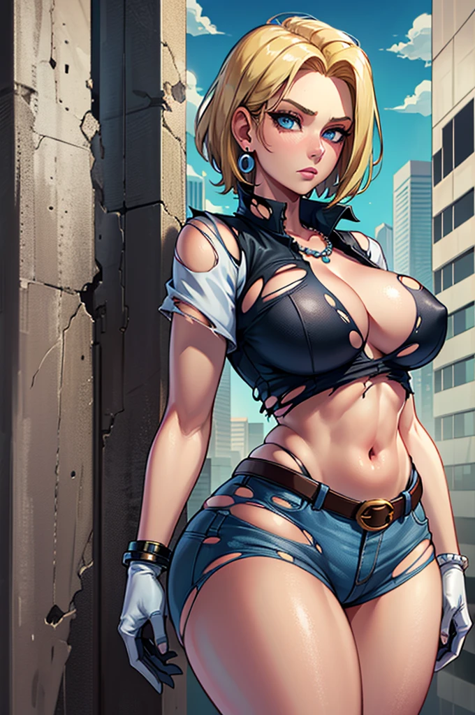 best quality, high definition, and18, 1girl, Android 18, solo, blonde hair, blue eyes, belt, jeans, pearl_necklace, bracelet, black gloves, cleavage, white shirt, short hair, short sleeves, earrings, blue pants, open vest, black vest, big breasts, wide hips, ass, legs apart, city, (torn clothes: 1.5), erotica, standing, expressionless,, (wide hips:1.3), (big buttocks:1.3), (thick thighs:1.3), (small waist:1.3), (gigantic breasts:1.3)