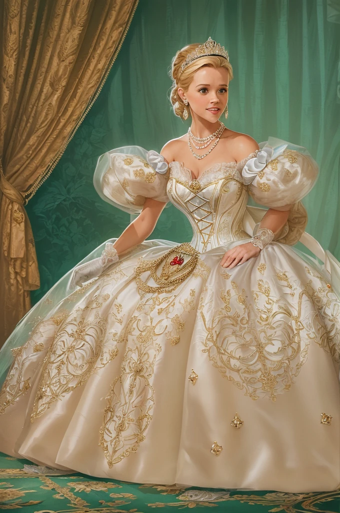 1950s royal style, Formal and Official Coronation Portrait, Portrait of a stunningly beautiful young blonde Reese Witherspoon as a Queen wearing A Stately and Elaborate Royal Cinderella Court Gown with (((enormous puffed sleeves))), an hourglass waist, and a (((huge crinoline hoopskirt))) adorned with bows, embroidery, and jewels, long white gloves, pearl necklace and earrings
