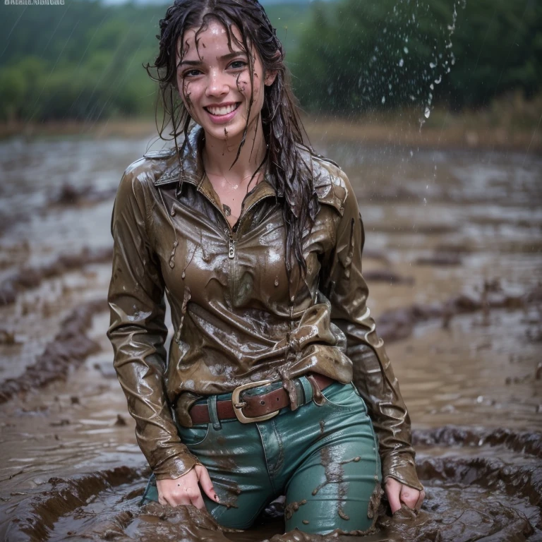 (masterpiece, best quality:1.2), cowboy shot, solo, 1girl, 27 yo woman, smile, looking at viewer, skinny jeans, belt, wet clothes, soaked, dripping wet, wet hair, wet skin, translucent, glistening with oil, fully clothed, wet muddy field, dripping with mud, muddy arms, muddy hair