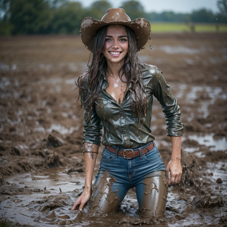 (masterpiece, best quality:1.2), cowboy shot, solo, 1girl, 27 yo  woman, smile, looking at viewer, skinny jeans, belt, wet clothes, soaked, dripping wet, wet hair, wet skin, translucent, glistening with oil, fully clothed, wet muddy field, dripping with mud, muddy arms, muddy hair