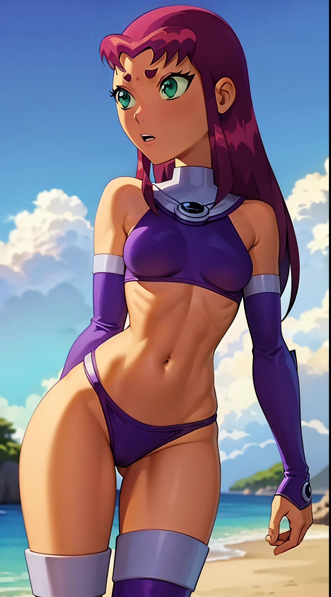 Starfire, titans, sexy bikini, ultra detallado, topless, small boobs, perfect body