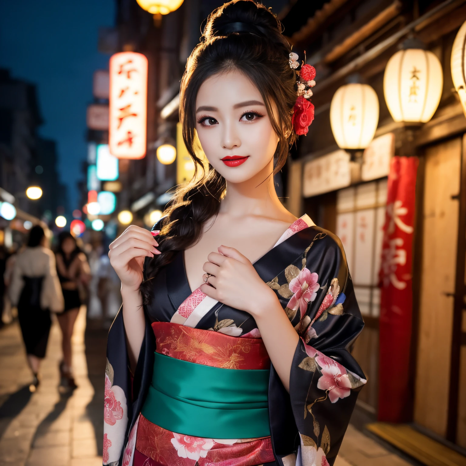 ((top-quality、masutepiece、8K、Top image quality、Very complex and detailed details))、One prostitute、Floral Costume、Oiran kimono、accurate courtesan kimono、Gorgeous courtesan kimono、The background is a red light district、You Guo、Custom Street、Smile at the camera、Photo from the waist up、Recreating the perfect red light district details、1 photo、Night Sex District、night excursion、Midnight、murky、Lantern light、red lipsticks、long eyelashes、Perfect makeup、a dark night、naked and wearing only a kimono、A detailed face