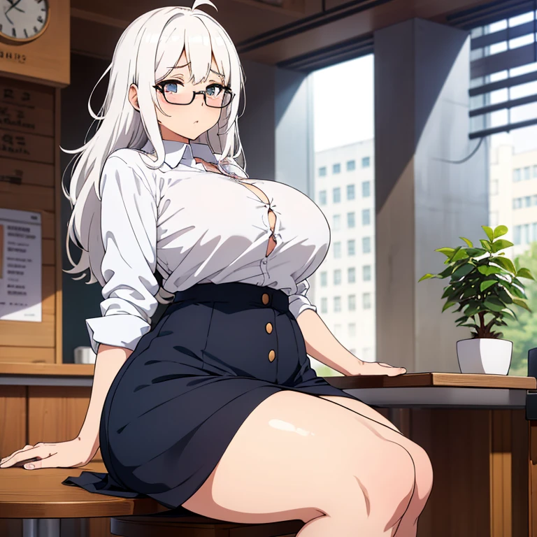 (1 girl), huge breasts, huge ass, big thighs, small waist, white hair, luscious messy hair, seductive face, blushing, tall(adult), sitting outside cafe, skirt, white shirt, laced buttoned shirt, shirt tucked in, popped buttons, one button buttoned, sleeves rolled up, thin round glasses, cute glasses,