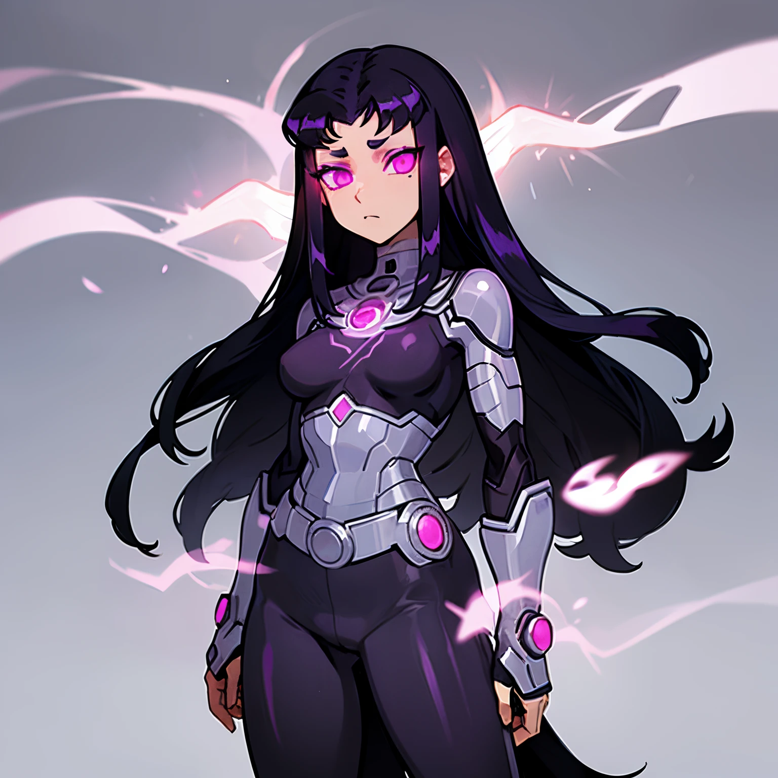 Blackfire, skintight costume, standing straight motionless, blank look, mind control, emotionless, expressionless, slave, pink glowing eye