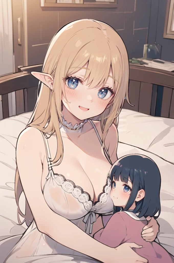 Bed, pillow, blanket, (2girls:1.5), fantasy, princess, (height_difference:1.4), (giantess:1.4), a giantess looking down at a minigirl, a minigirl resting next to the breasts of a giantess, a minigirl resting close to the breasts of a giantess, laying down,  Elfgirl, resting, big breasts, cleavage, upper body, happy, naked, lingerie, (minigirl:1.2), (Masterpiece), (Best Definition Animated Illustration), (Super Definition), sexy clothing, fluffy, frills, sleeping