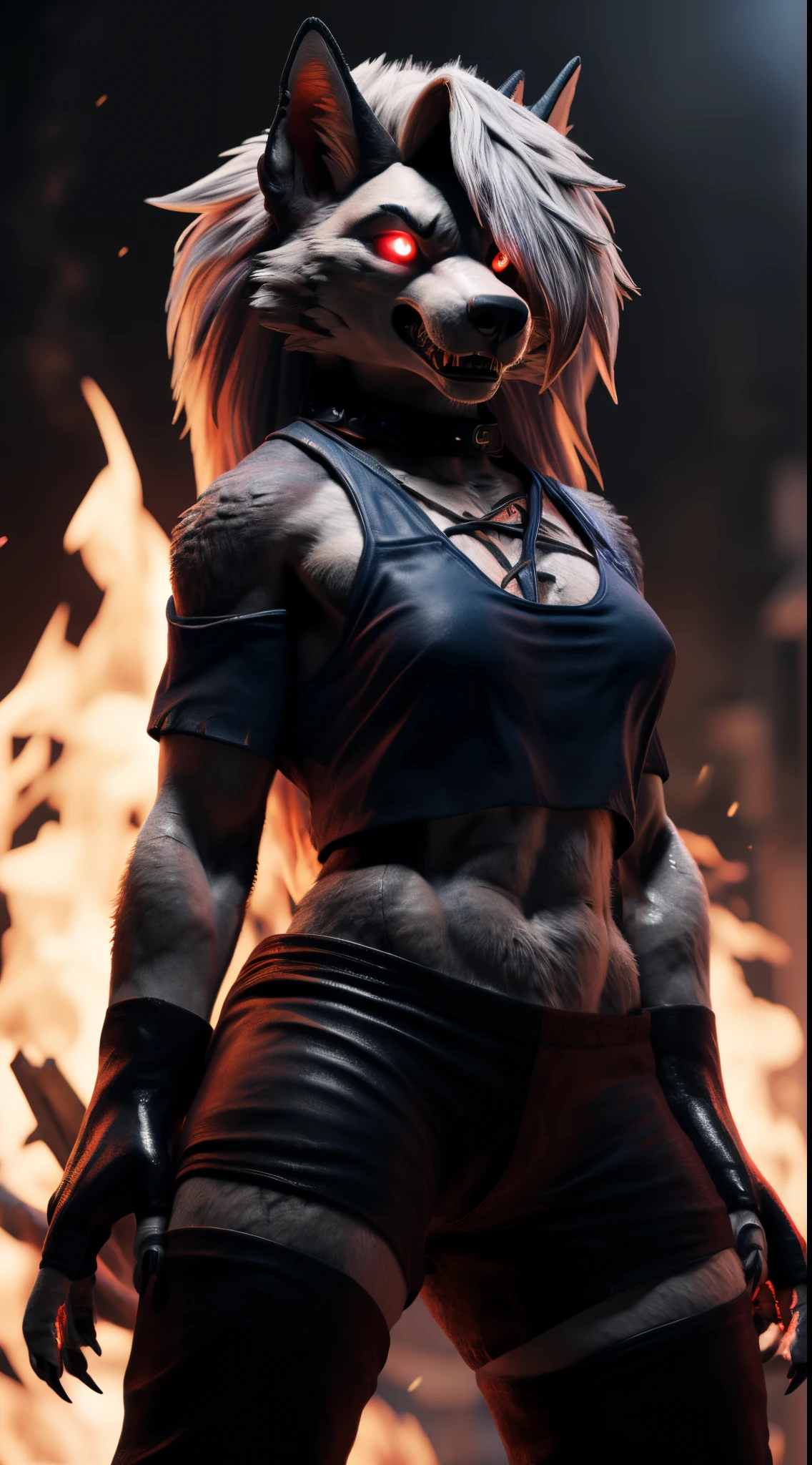 (best quality,4k,8k,highres,masterpiece:1.1),ultra-detailed,(realistic,photorealistic,photo-realistic:1.37),(The ultimate Orochi Loona) bright red glowing eyes,realistic fire background,KOF Mugen style,Chizuru Kagura's outfit,3D digital art,full HD and 8K resolution,32K resolution