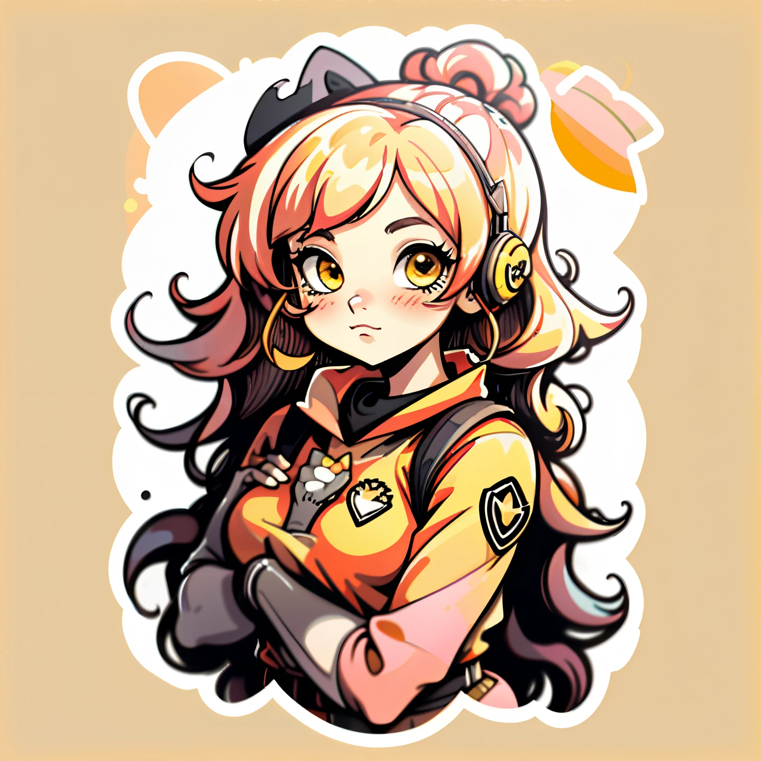 (sticker:1.2),1girl,simple background,peach hair,yellow eyes,peach clothing,peach headset,(peach theme color:1.2), (hex color #FFDAB9)