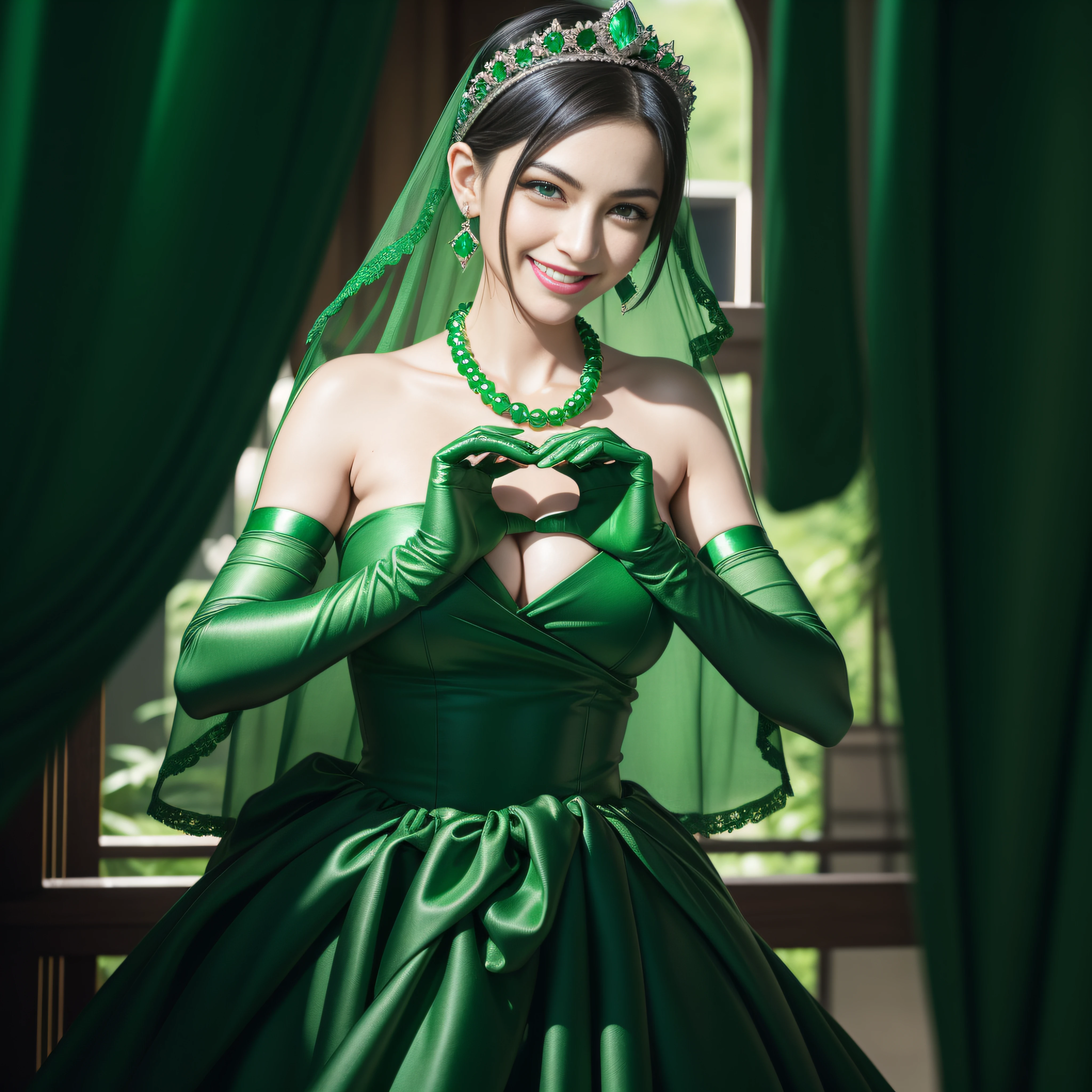 emerald tiara, Green Pearl Necklace, Boyish very short black hair, lipsticks, Japan woman smiling, very short short hair, big breasts beautiful, Green eyes, Long green gloves made of satin material, Green eyes, Emerald Earrings, green vale, Heart with both hands
