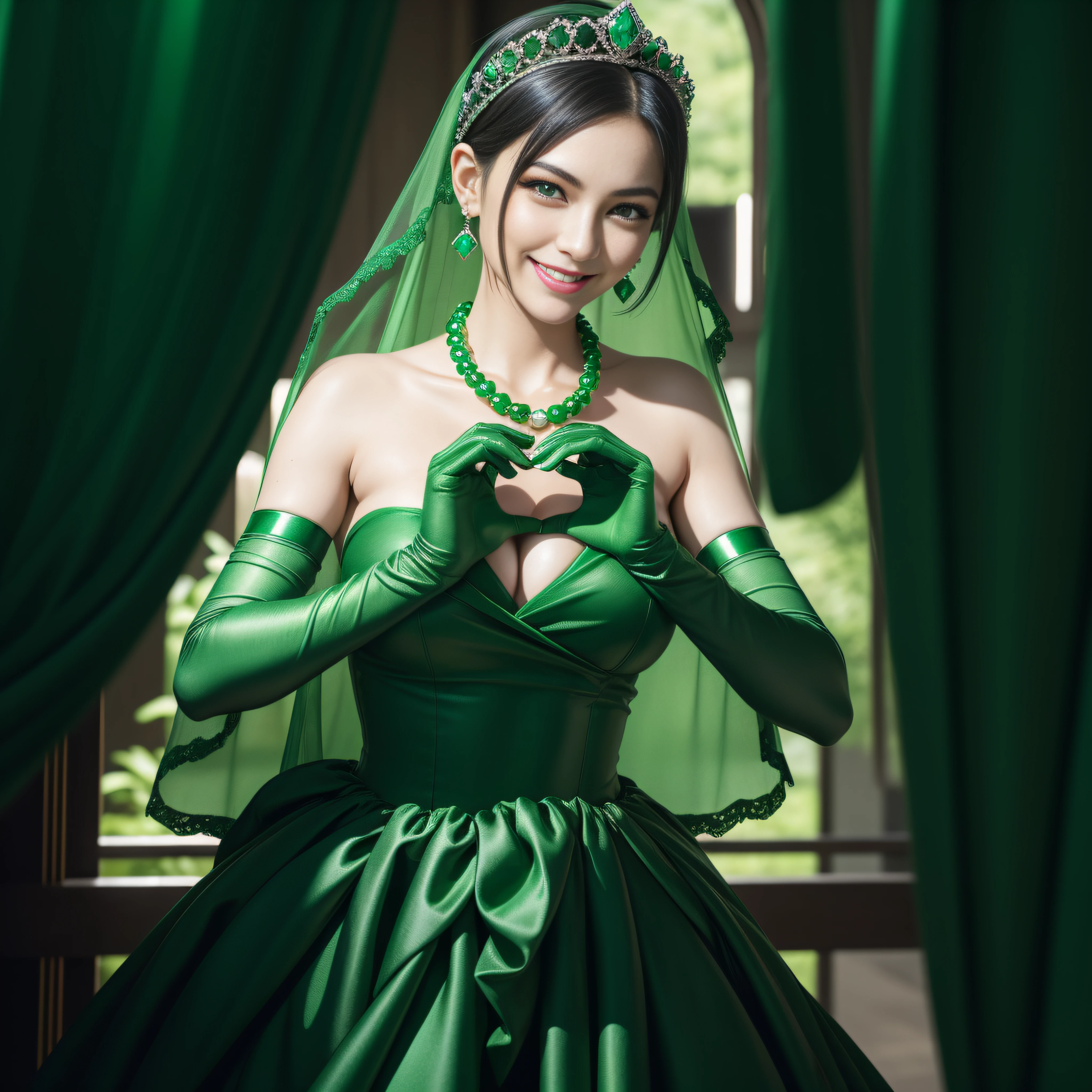 emerald tiara, Green Pearl Necklace, Boyish very short black hair, lipsticks, Japan woman smiling, very short short hair, big breasts beautiful, Green eyes, Long green gloves made of satin material, Green eyes, Emerald Earrings, green vale, Heart with both hands