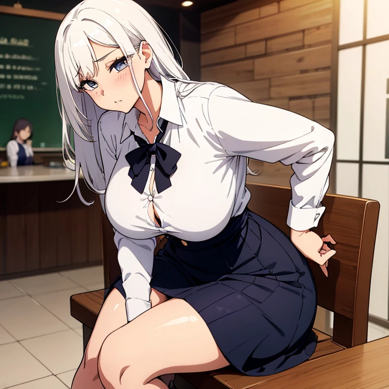 (1 girl), huge breasts, huge ass, big thighs, small waist, white hair, luscious messy hair, seductive face, blushing, tall(adult), sitting outside cafe, skirt, white shirt, one button shirt, shirt tucked in, popped buttons, one button buttoned, opened blouse