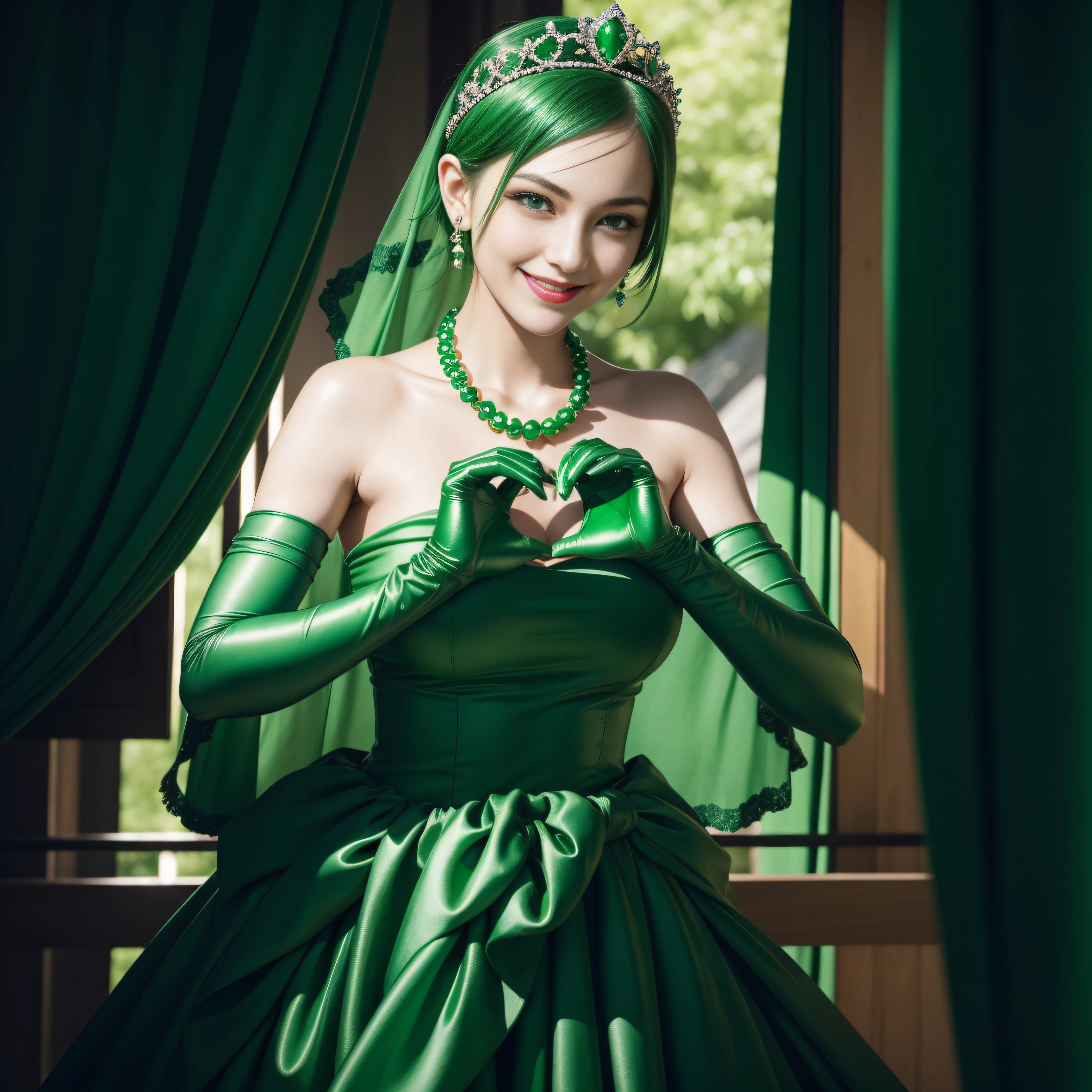 emerald tiara, Green Pearl Necklace, Boyish very short green hair, lipsticks, Japan woman smiling, very short short hair,  big breasts beautiful, Green eyes, Long green gloves made of satin material, Green eyes, Emerald Earrings, green vale, Heart with both hands