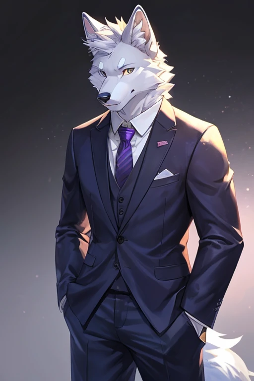 Furry, Anthro, Arctic Wolf with strong purple accents, Male, E621, Standing, lean, Wearing suit, Plain background, Front view, Light fur