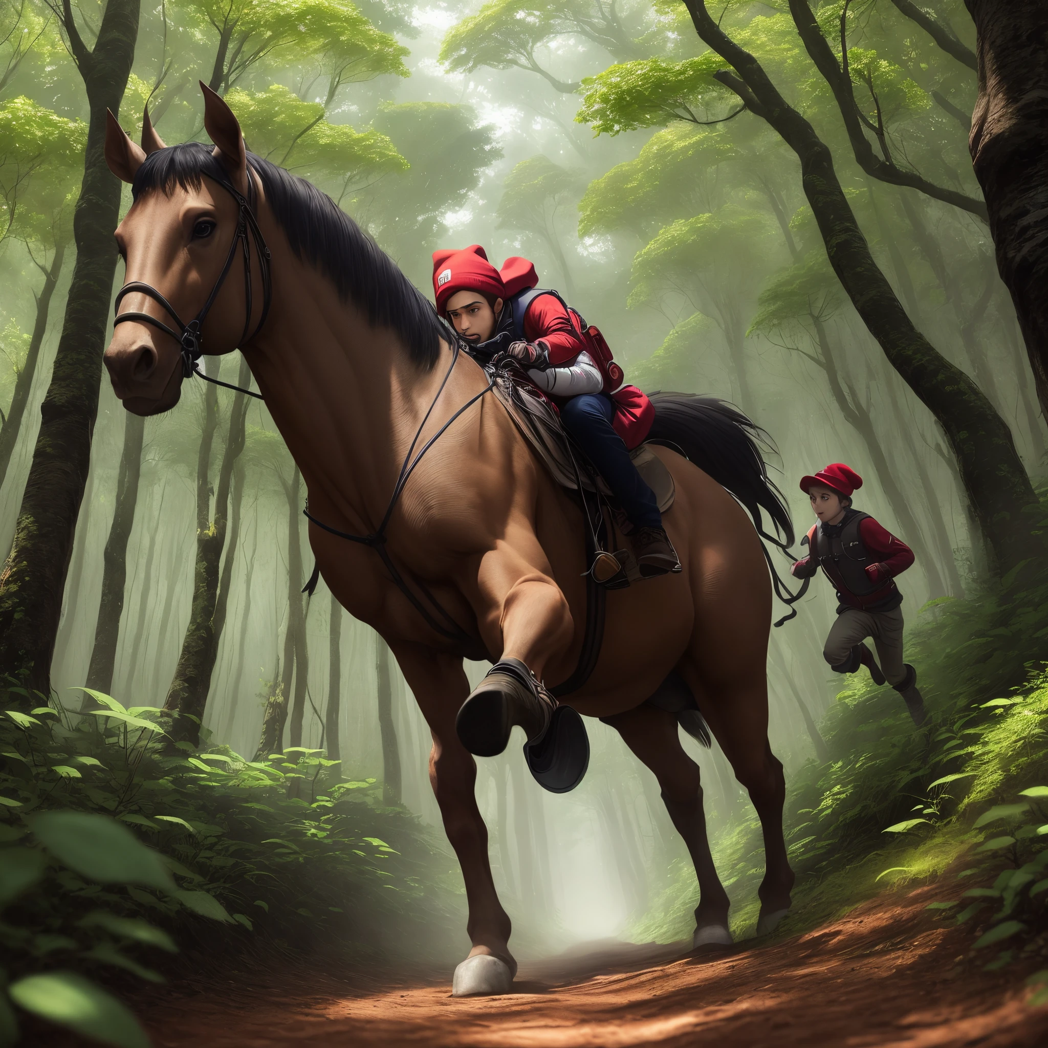 Meeting with Saci-Pererê:
When João comes across the dense and mysterious forest, ele ouve risadas e travessuras ao seu redor.
He follows the sound and finds Saci-Pererê, a small being with one leg and a red hat. Saci-Pererê challenges João to catch him, running quickly between the trees.