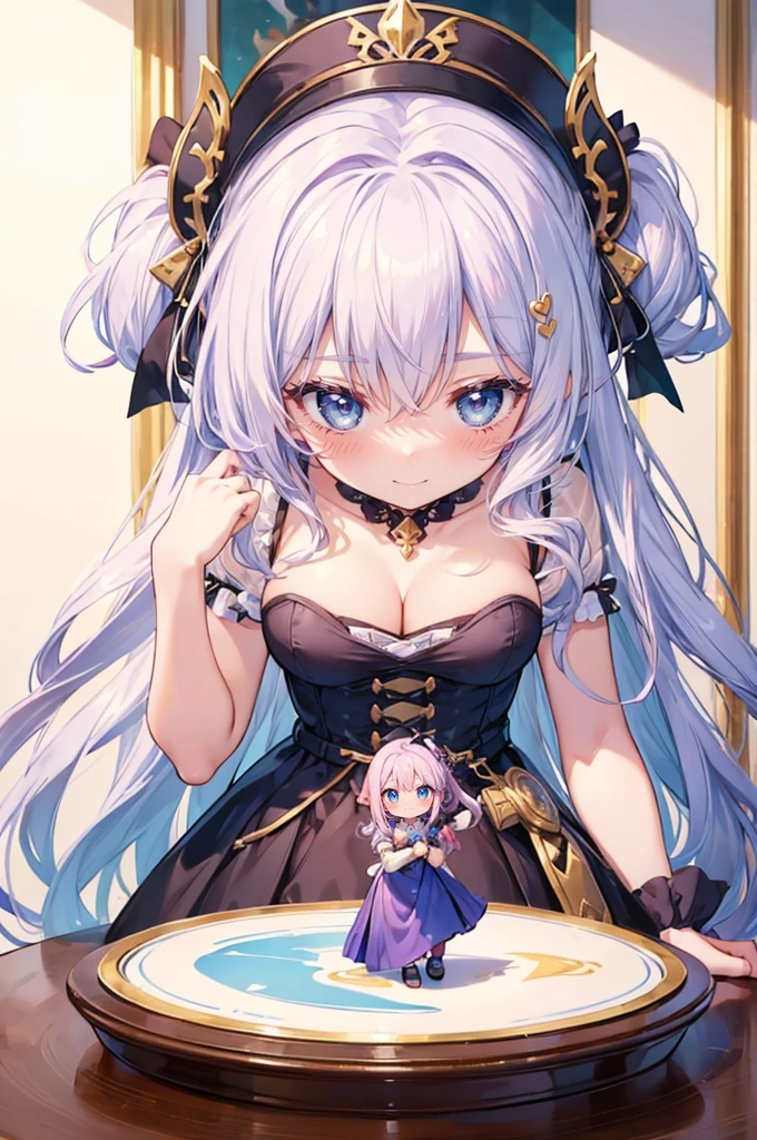 (2girls:1.2), fantasy, princess, bedroom, stone, (height_difference:1.4), (giantess:1.4), a minigirl on a table in front of the breasts of a giantess, a minigirl on a table in front of the breasts of a giantess, giantess elfgirl, big breasts, smug, blushing, looking down, upper body, cleavage, cute dress, (breasts closeup: 1.4),
a table with a (minigirl:1.5) on it, a table with a minigirl standing on it, (Masterpiece), (Best Definition Animated Illustration), (Super Definition), sexy clothing, fluffy, frills