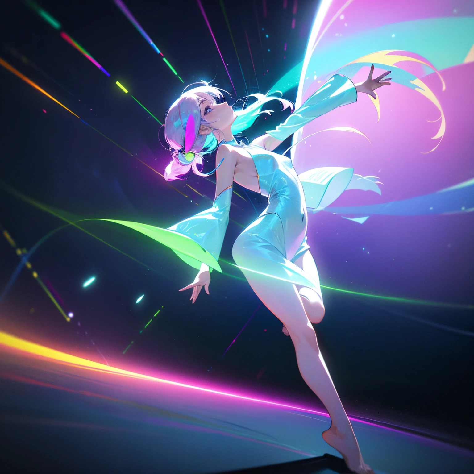 realistic photo, best possible quality, white lit futuristic environment, zero gravity, young woman dancing barefoot wears holographic luminous headphones, listens to music on a holographic iPod, a holographic playlist of songs projected into the air She has multicolored luminous hair, a holographic sheer nightgown, shoulders out, music videos projected on the walls,