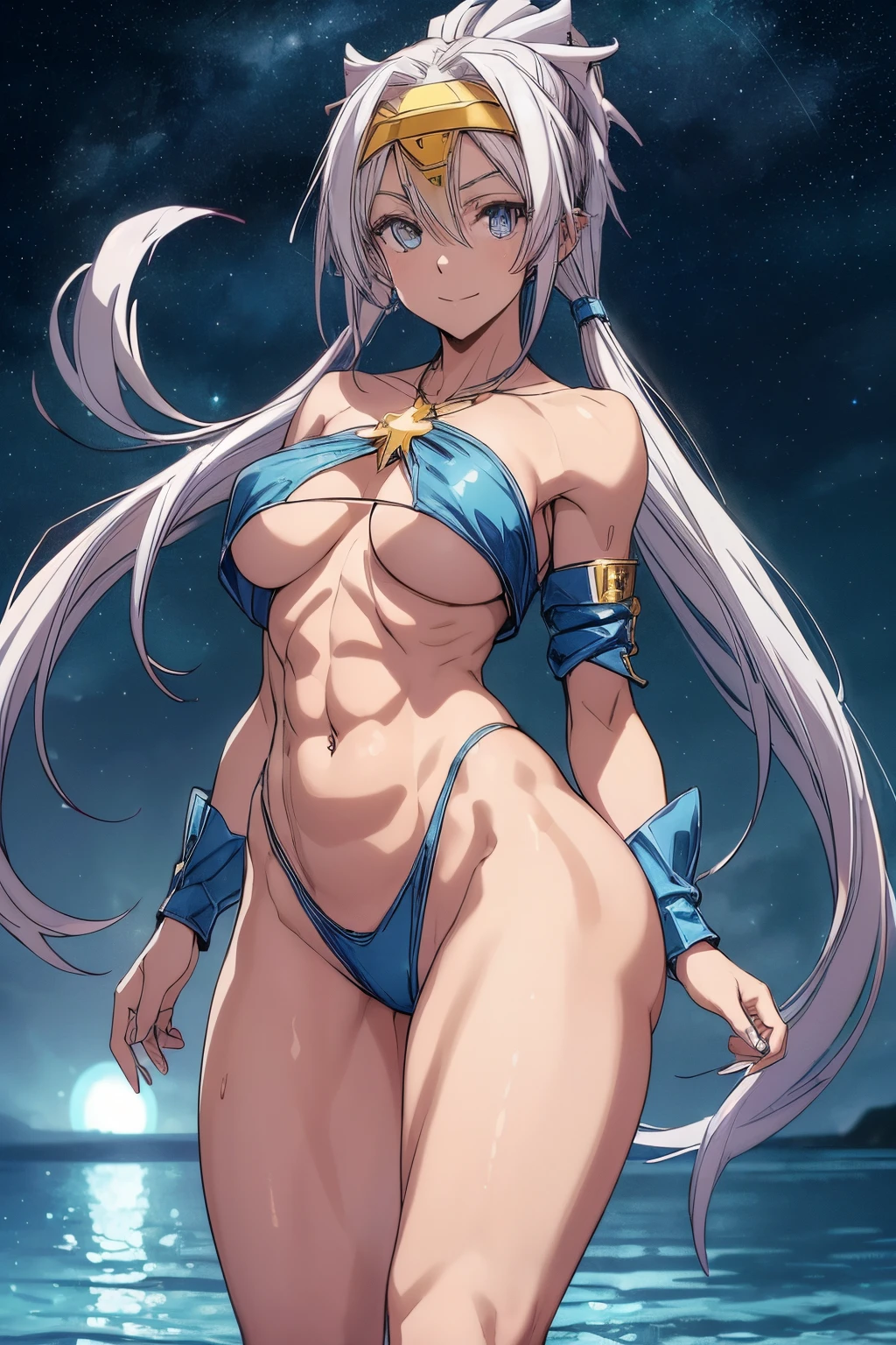(1 girl), (((Velzard de tensei shitara slime datta ken))), She has fair skin, eyes the color of blue diamonds and long, shiny, pearl-white hair, reaching down to her waist, she wears a blue pendant in the shape of a star and a golden band on her head, (wears a very short black bikini), large breasts, thin arms, (muscular belly), (((muscular legs))),(standing), (cold smile), slim waist, bare feet and very detailed, beautiful feet and well-shaped toes, (full body photo), (((night beach scenery with starry sky and blood moon in the sky))), twintails, empty eyes, eyes empty, empty eyes, eye reflection, glowing eyes, bad mood, anime, anime style, ray tracing, cinematic lighting, panorama, Sony FE, UHD, masterpiece, anatomically correct, super detail, high quality, best quality, high resolution, 16k