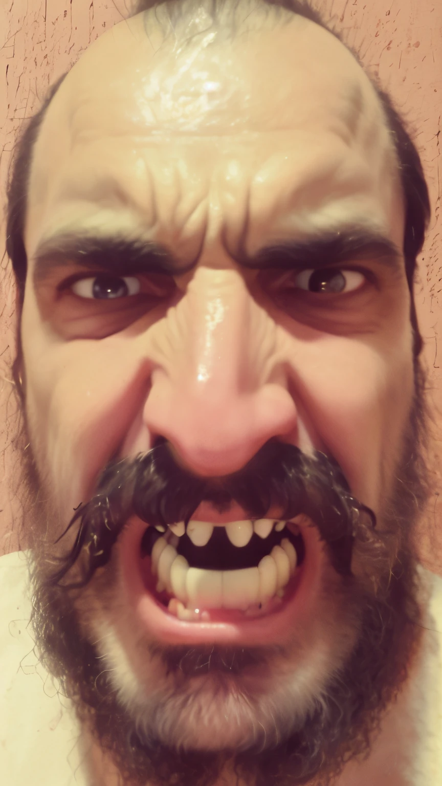 Werewolf with beard and mustache is making face, lobo zangado, man and wolf hybrid. angry looking at camera, very angry expression, tez irritada, apertar os dentes, cara de raiva, caretas, angry expression, olhar irritado em seu rosto, angry facial expression, olhar irritado, brutal joyful face expression, crazy expression, screaming at the camera, Evil expression
