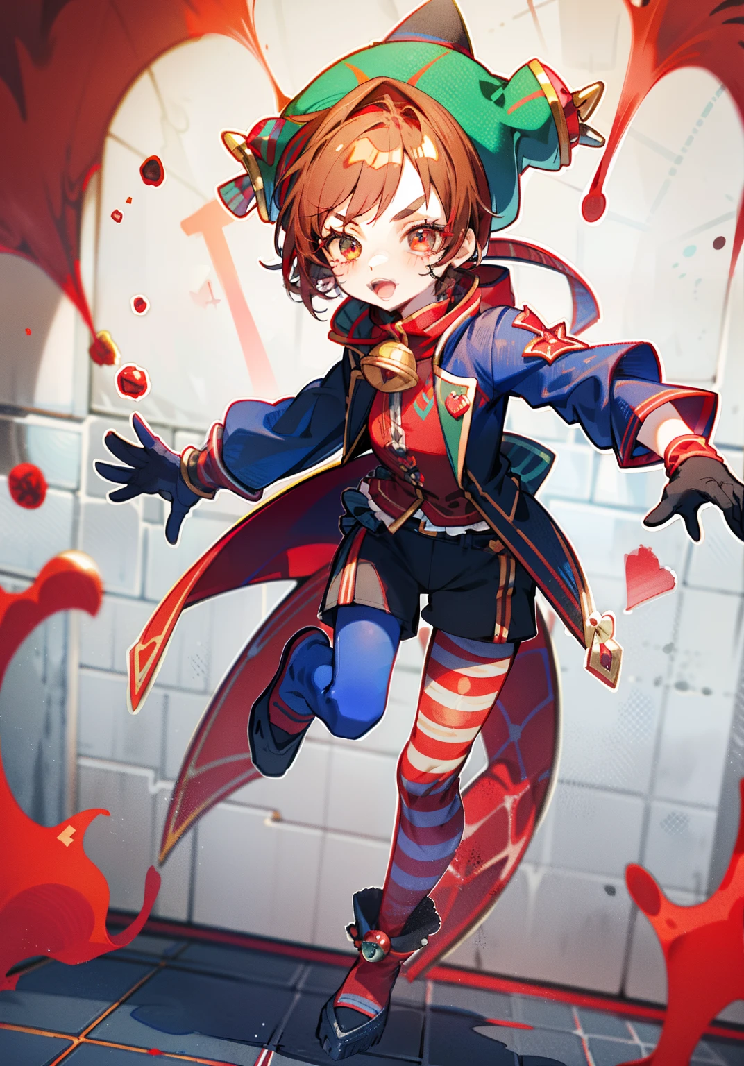 jester girl pomni, big red and black stripe tile style jester hat,red and black and blue suit style, brown hair,with red gloves, red mix black jester outfit, with jester shorts, scared expression, wears red and blue jester hat with bells,