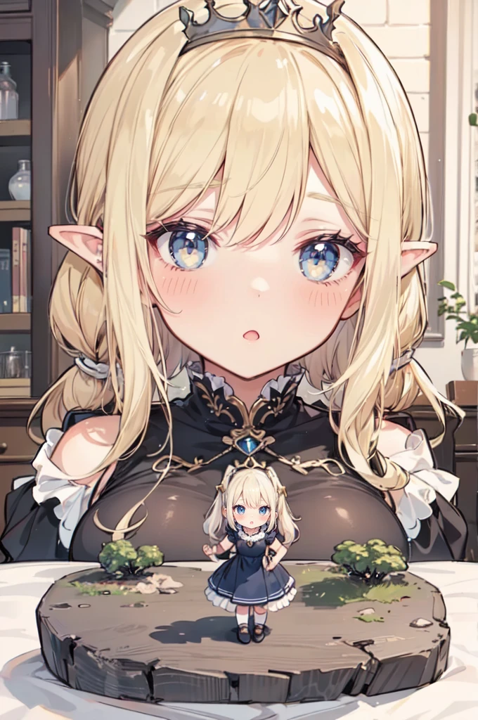 (2girls:1.2), fantasy, princess, bedroom, stone, (height_difference:1.4), (giantess:1.4), a minigirl on a table in front of the breasts of a giantess, a minigirl on a table in front of the breasts of a giantess, giantess elfgirl, big breasts, smug, blushing, looking down, upper body, cleavage, cute dress, twintails, (breasts closeup: 1.4),
a table with a (minigirl:1.5) on it, a table with a minigirl standing on it, (Masterpiece), (Best Definition Animated Illustration), (Super Definition), sexy clothing, fluffy, frills