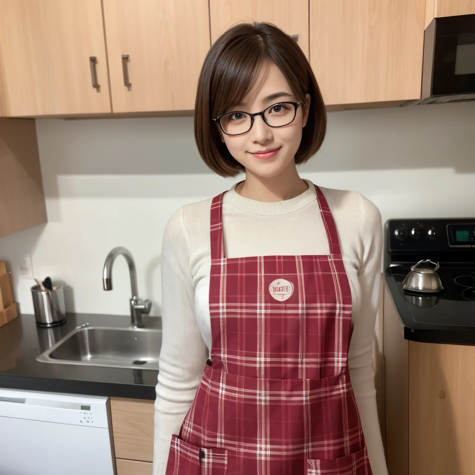 /*Quality writing*/
of the highest quality, 16 K, masutepiece, hyperdetailed face, very detailed lips, Detailed eyes, Realistic pupils,
BREAK,
/*Characters and expressions*/Extremely beautiful girl, japanaese girl, 1 girl, Light on Face, Short hair, (Very sweet smile:1.2), BREAK /*garments*/ ((Plaid apron)), glasses
break
/*Pose*/
nice hand, Perfect hands,
BREAK
/*Angular posture*/
in kitchen, pantry, Looking at Viewer