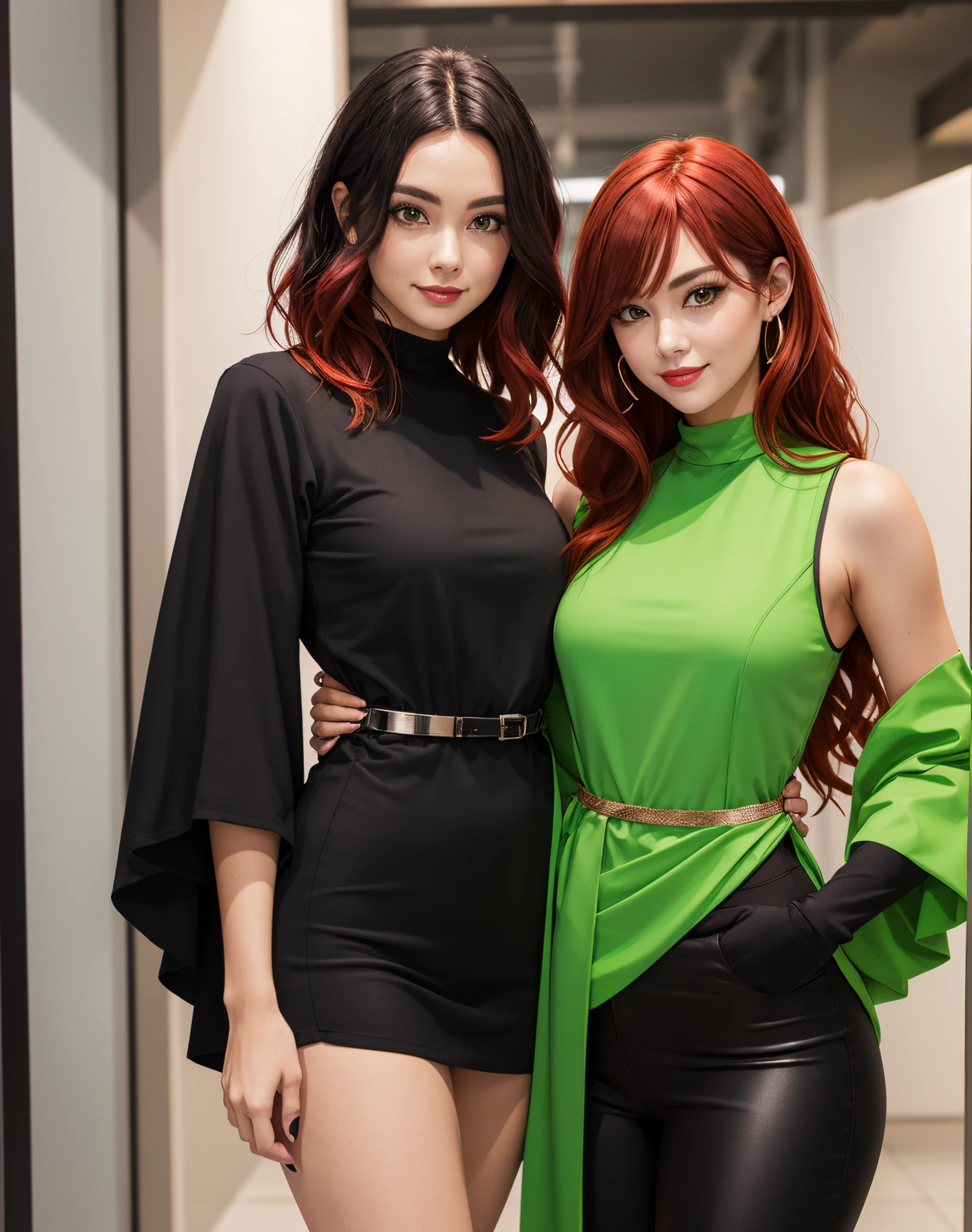 two women in black and green costumes posing for a picture, red hair, black hair