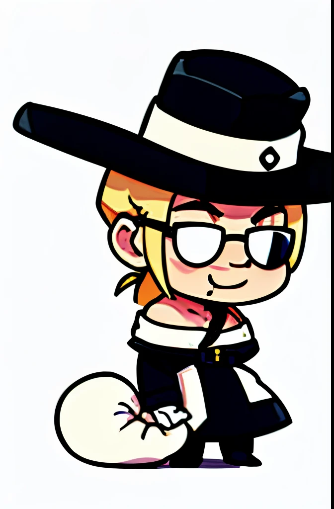 masterpiece, best quality, highres, PadoruMeme, 1boy, solo, 1sack, (detailed white sack:1.5), (holding sack:1.3), Johnny, (black clothes:1.6), :d, blonde hair, low ponytail, (sunglasses:1.3), brown gloves, Johnny, (perfect cowboy hat:1.5), (Open coat:1.4), (perfect pectorals:1.5), full body, (simple white background:1.5)