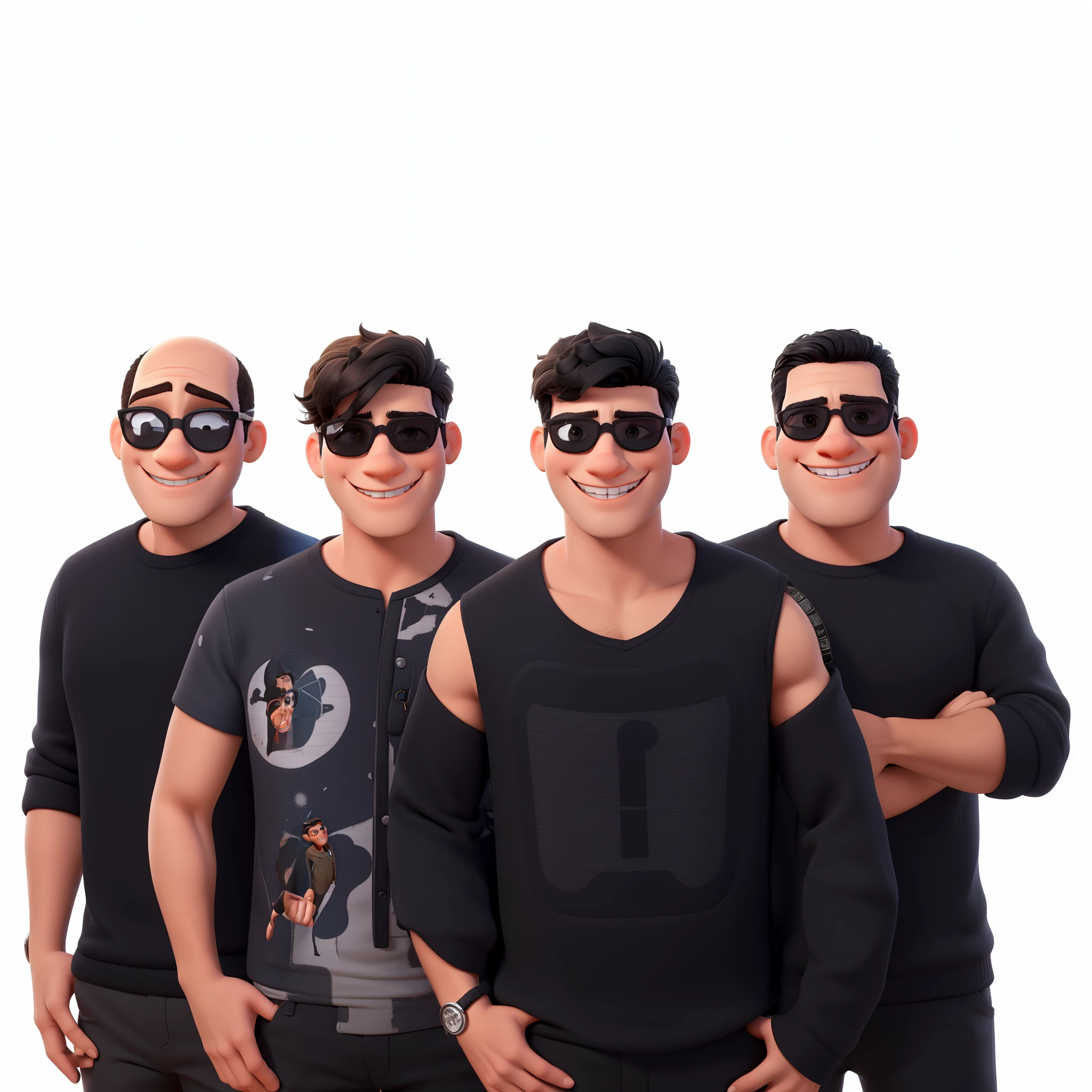 Desenho animado da Disney Pixar, 4 homens de meia idade, one of these men is bald with black hair on the sides and black eyebrows he wears black sunglasses, the second man has long brown hair with bangs on his face he wears black blue mirrored glasses, the third man has his hands in his pockets with a big smile showing his teeth open mouth beautiful teeth, they wear black clothes and sunglasses with a lanyard around their neck, homens sorridentes, rosto fino, smooth skin with unblemished arms, cabelos pretos, sorriso feliz, boca aberta, Dentes bonitos.