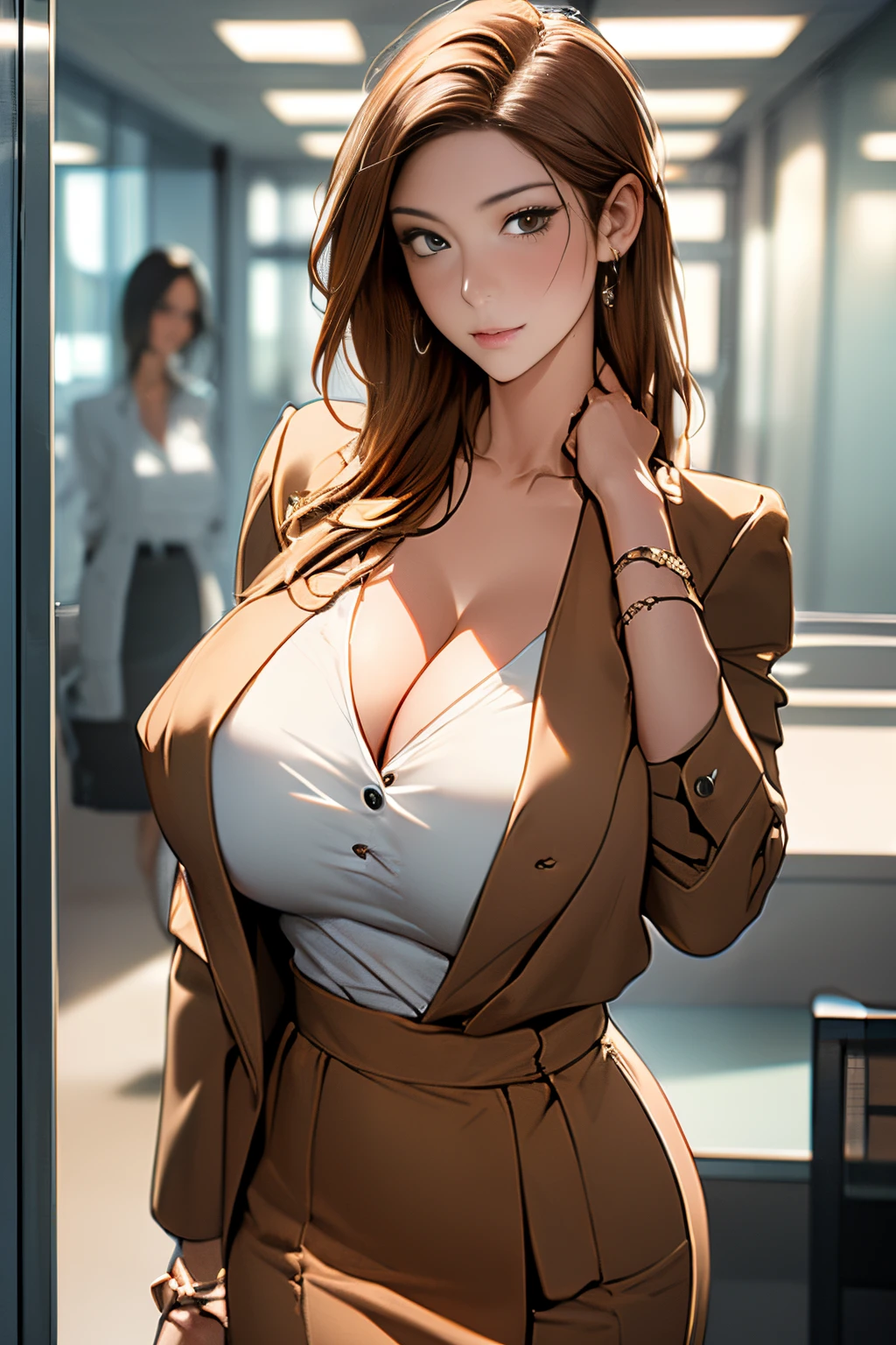 (​masterpiece:1.1)、(top-quality:1.1)、full body Esbian、shorth hair、Good anatomy、(1girl in:1.2)、(detailed faces and eyes:1.25)、orange color hair、brown haired、Brown-eyed、s Office、looking at the viewers、a matural female、side locks、Kyoka Tachibana、(Business suits:1.3), (Officelady:1.3)、is standing、(A look of bewilderment:1.3)、red blush、(cleavage of the breast:1.3),(pencil skirts:1.3)