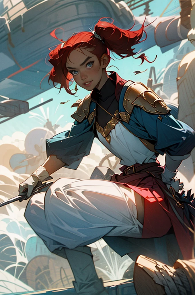 Medieval European girl with red hair and twin tails、Cute dimples on double eyelids。Living on a ship to become a pirate。Anime style。I hold a pirate flag in my swollen chest