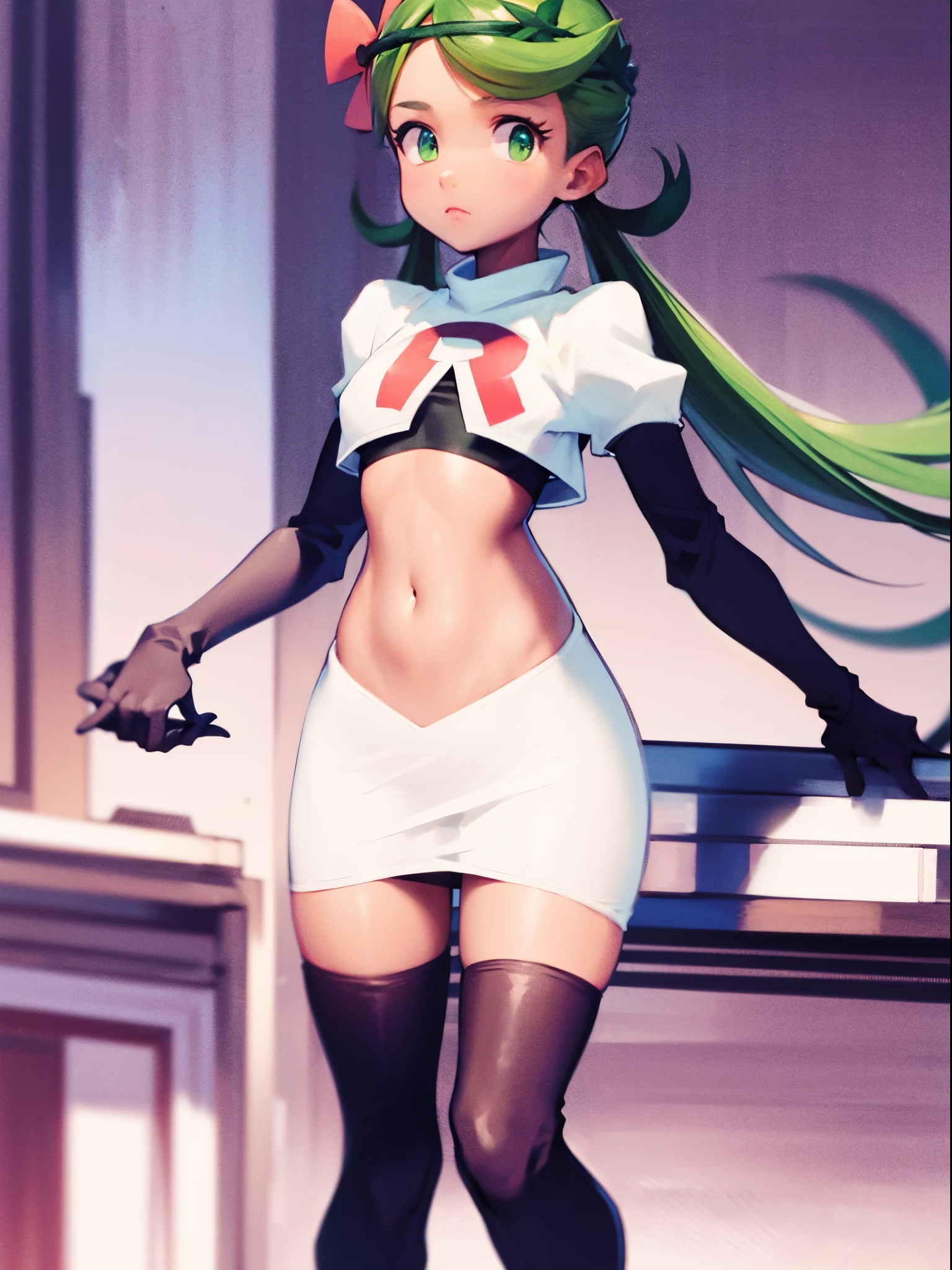 zodiac_mallow, lovely small breasts, solo, green hair, dark skin, twin tails, pink flower in hair,team rocket,team rocket uniform,white skirt,crop top,black thigh-highs,black elbow gloves,