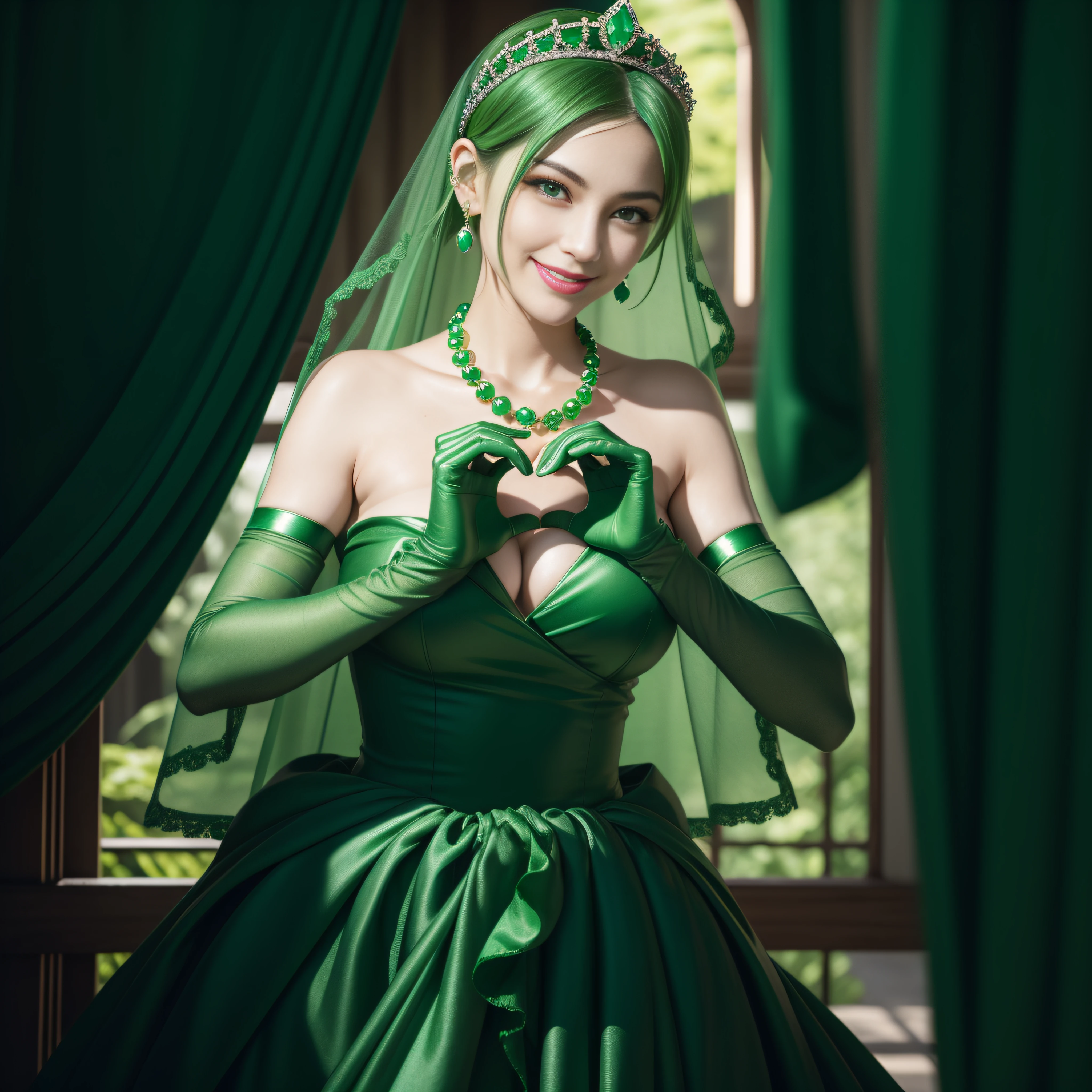 emerald tiara, Green Pearl Necklace, Boyish very short green hair, lipsticks, Japan woman smiling, very short short hair,  big breasts beautiful, Green eyes, Long green gloves made of satin material, Green eyes, Emerald Earrings, green vale, Heart with both hands, Green hair