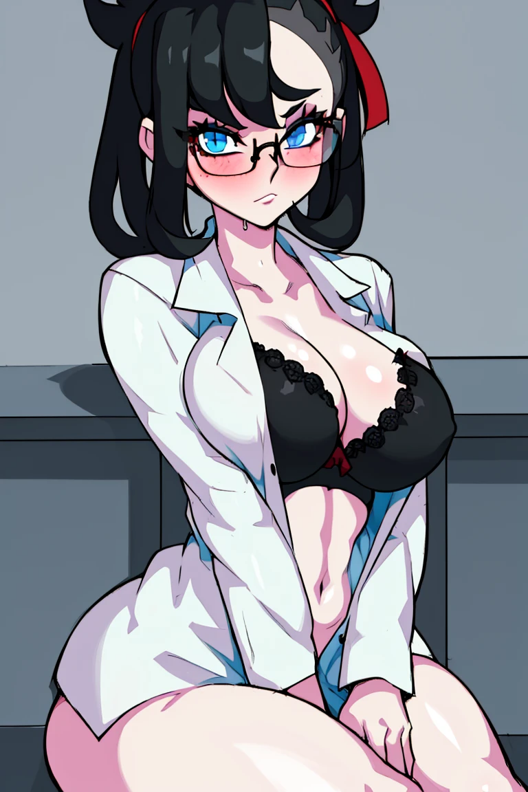 (best quality, masterpiece1.2), 1girl, solo,looking at viewer ,simple background ,detailed eyes, cowboy shot, blue eyes, blushing, white button shirt, office woman, glasses, drunkoak, nisego, marnie, medium body, huge boobs, sexy, sitting, open shirt, black bra, milf, round pupils,