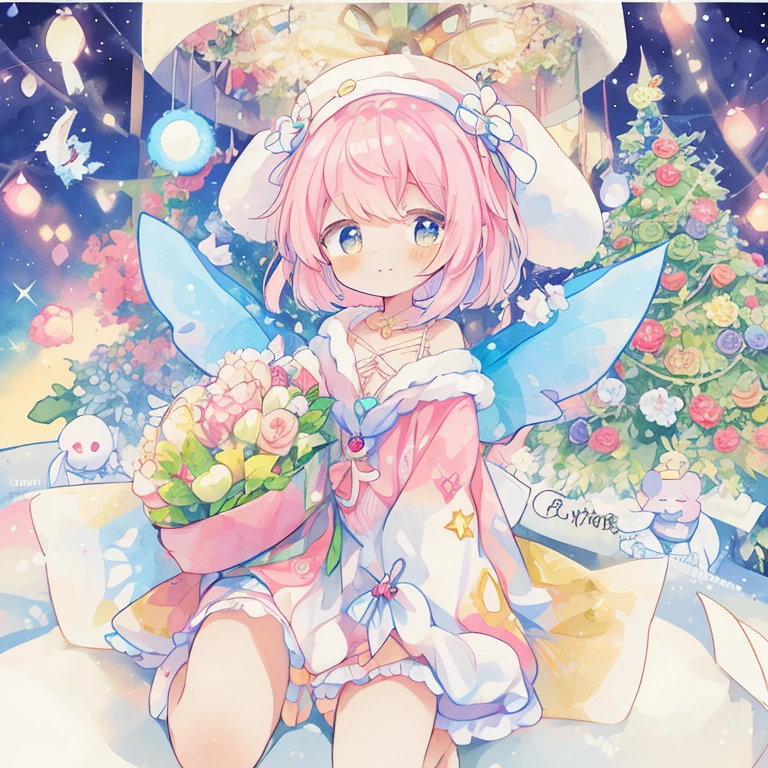 (Cute illustration:1.1)、(watercolor paiting:1.2)、(vibrant glow:1.2)、striking contrast、Beautifully detailed、Best Quality,, Anime、christmas night、shuicolor、blanche、Snowflake、Snow Noel、illuminations、Holly、、stele、white Christmas、Christmas tree、Glitter、cinematric light,1girl in、（Fairy with white and light blue striped wings、faerie：1.5）、、(Waving:1.3)、、masutepiece, Best Quality,, Anime,  Dress, knee sox, Lace, Christmas Colors：1.1、Holly、Flower Arrangement Wreath Background、A smile、(PastelColors:1.2)、(Cute illustration:1.2)、(watercolor paiting:1.2)、、,levitation：1.1、Thick wool gown:0.3