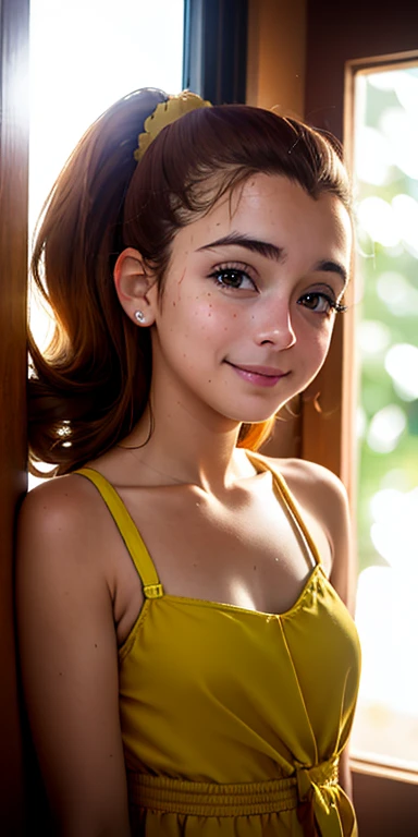 Photo of a 15-year-old European girl, .RAW, beautiful woman, (Light brown hair ponytail) peinado de cola de caballo, pecas en mejillas  , linda sonrisa , gran sonrisa , ((retrato)), ((Cara detallada:1.2)), ((Detailed facial features)), (Piel finamente detallada) , senos medianos , pechos medianos , sexy christmas dress , little dress 、Un sexy(cool color), humid, humid, Reflectores, (Masutepiece) (proporciones perfectas)(fotos realistas)(La mejor calidad) (Detallado) fotografiado con una EOS R5 de Canon, Lente de 50 mm, f/2.8, NffSW, (8k) (papel tapiz) (cinematic lighting) (Dramatic lighting) (foco nítido) , dentro de casa acogedora, waving at the camera  , mirada brillante