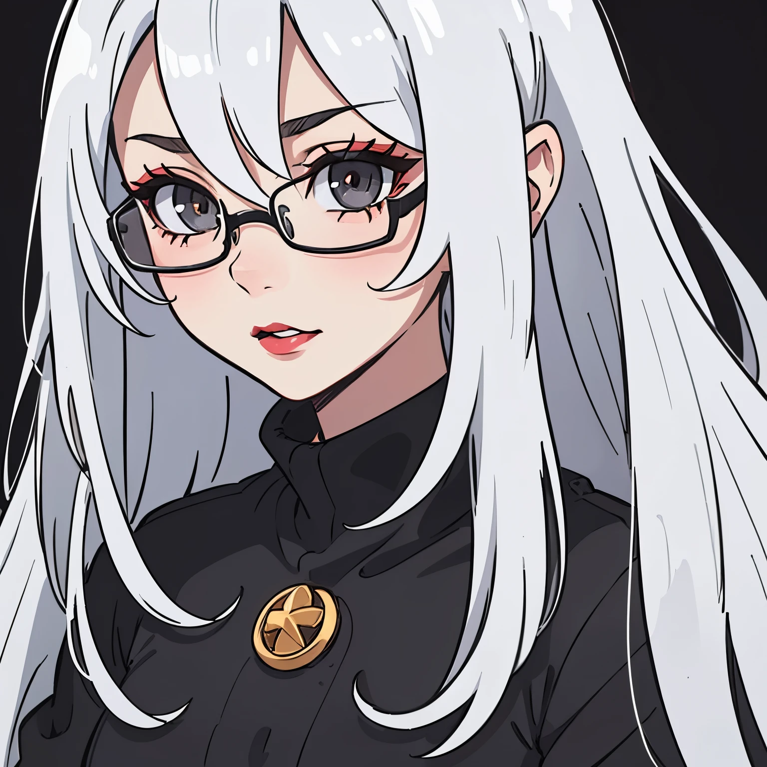 Perfect proportion, masterpiece, high quality, high details, (white hair), (1woman), ((adult woman face)), red lipstick, grey eyes. all black background. Close up to face. Face datailed.[[[PERFECT EYES]]. With glasses. Anime style