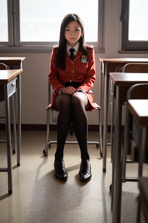 13 year old girl sitting in class, Canon EOS 5D Mark IV with 50mm f/1.8 lens Natural light during golden hour wide angle full body shot with a blurred background, capturing the uniform's details Enhanced color saturation and subtle vignette in post-processing