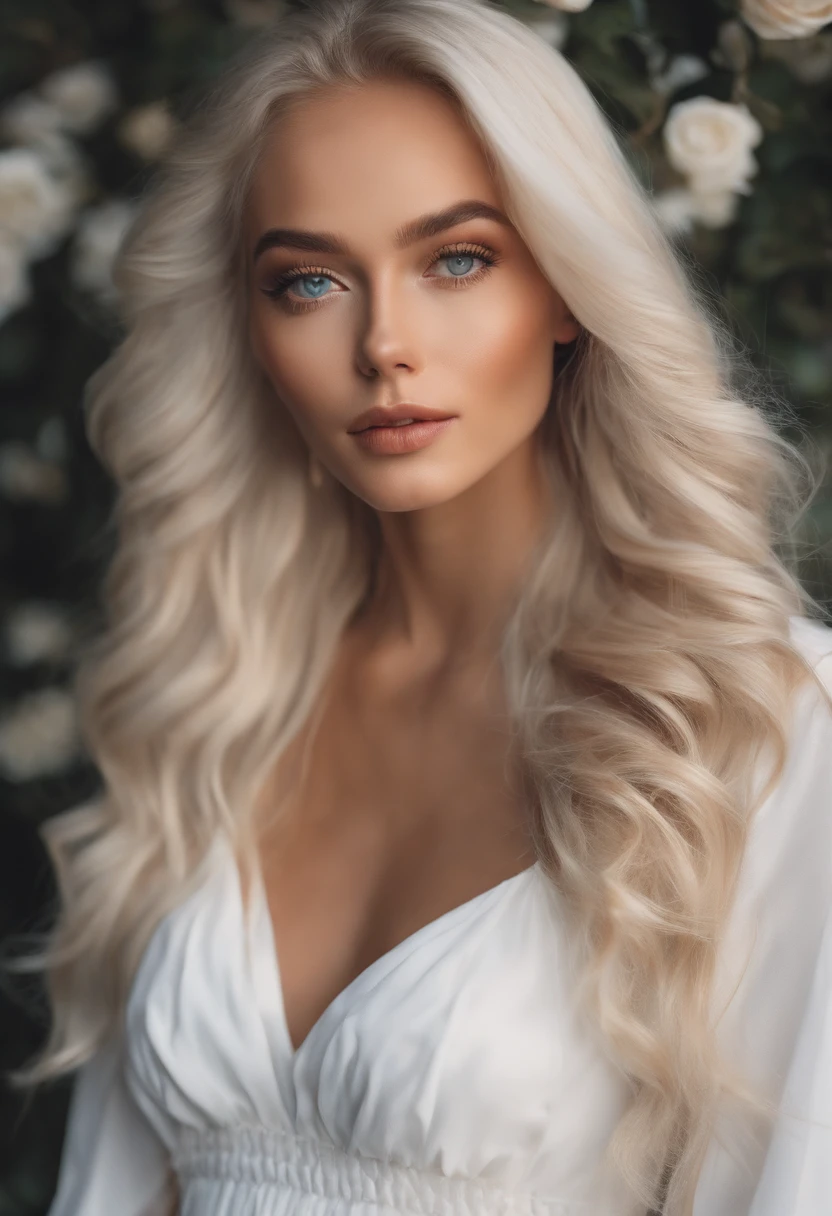 Realistic white Instagram influencer, best quality, Blond, 1人, blaue Augen, in white, enger, kurzes Kleid
