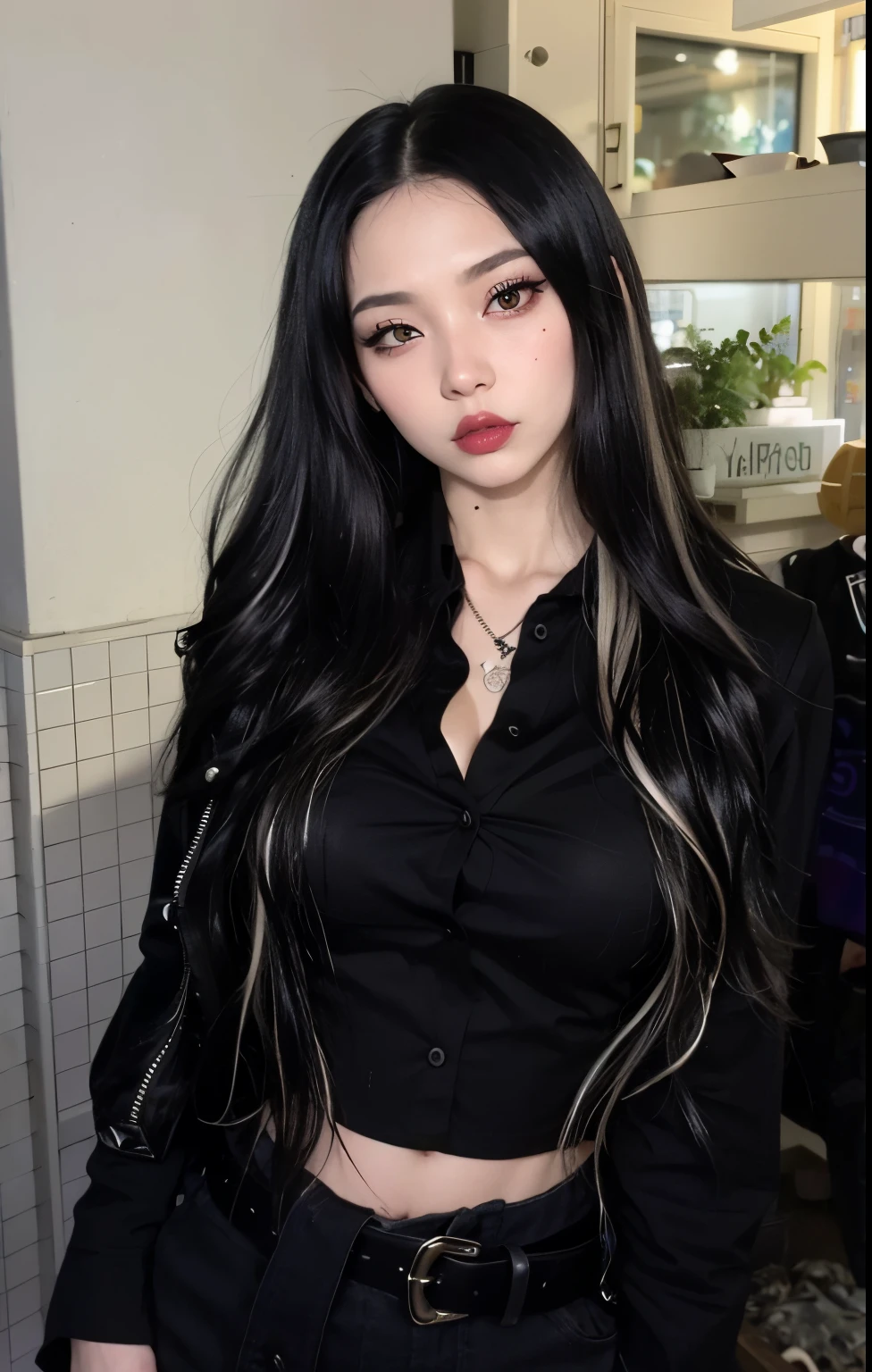 Araffe mulher com cabelo preto longo e uma camisa preta, cruel korean goth girl, com cabelos longos brancos, com longos cabelos pretos, goth girl aesthetic, com longos cabelos escuros, pale goth beauty, Asian girl with long hair, 1 7 - year - old goth girl, 1 7 - year - old anime goth girl, com cabelos longos e olhos penetrantes