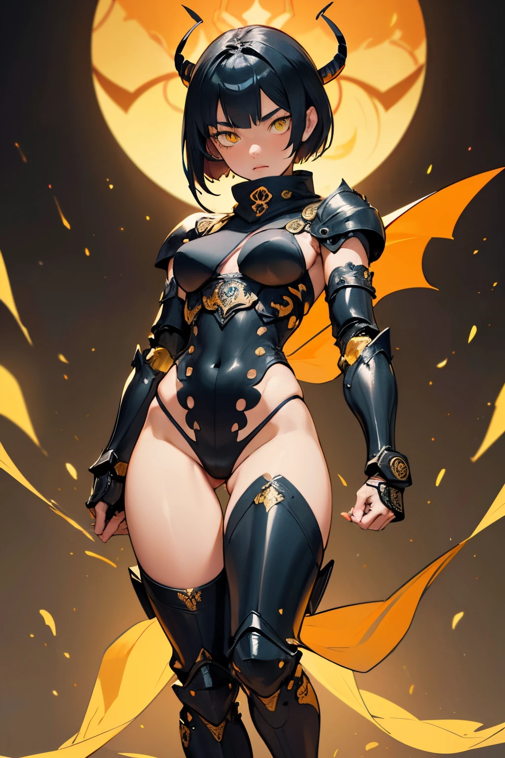 [Shinjuku background at night],(HENTAI ANIME) (Japanese NINJA Girl (Beauty) 15yo student) petite and muscular [Slim & fit body], Short Bob Cut,([hornet] Orange Ninja Battle Armor) scarf [stall] ((Fitting rubber inner) [honeycomb] [edg]) hair adornments (Dull metallic luster:0.8),gravure [KUNOICHI],(Perfectly proportioned),Ideal color coordination),(Intricate and beautiful decoration (Dense detail)),[Perfect hand details],(Beautiful perfect face, yellow eyes, yellow irises, [Perfect eye details, [Full body like], fit thighs, thigh gap,[[Desaturation]].