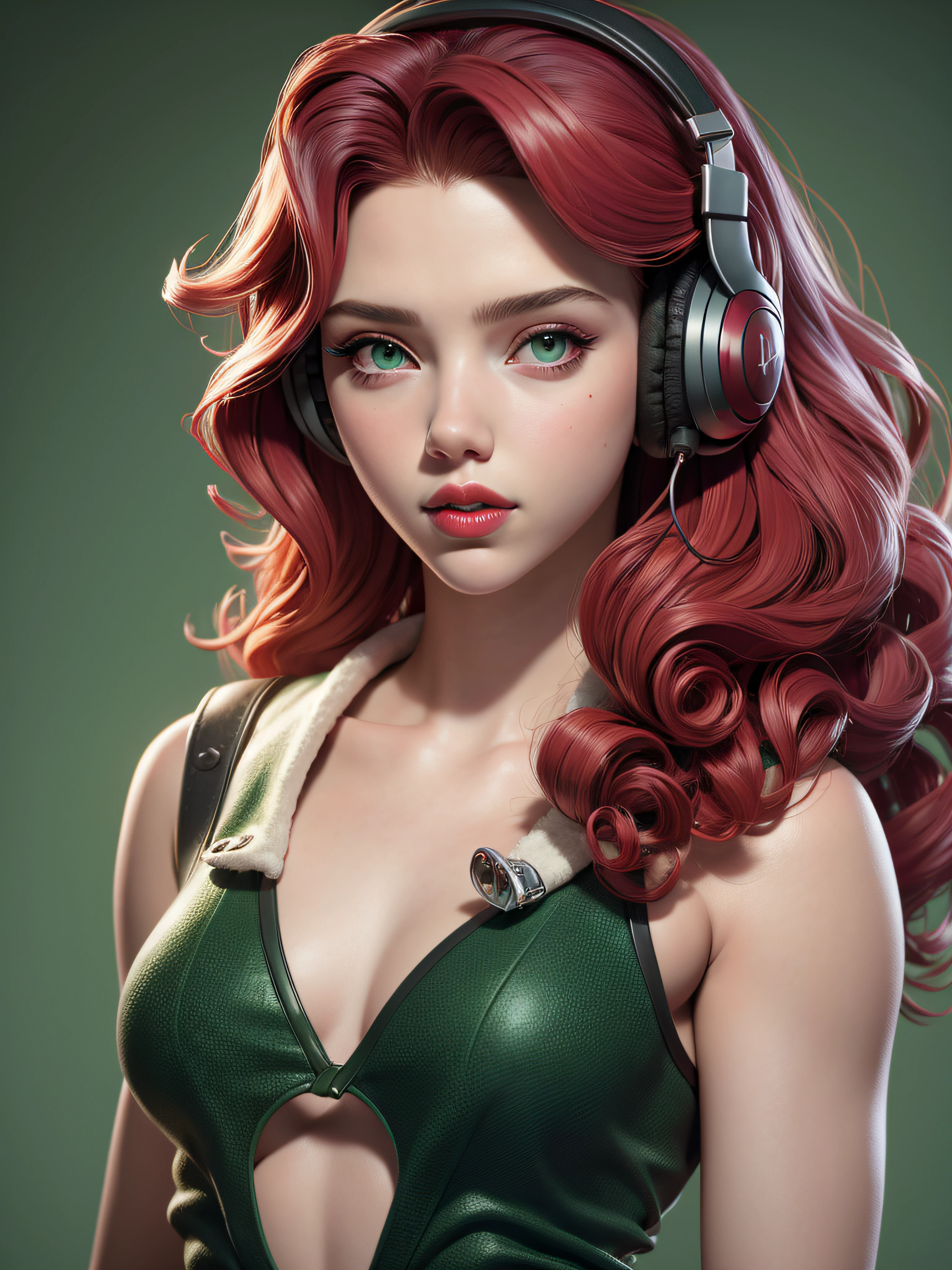 young girl, 16 years (Scarlett Johansson :1.1) red lips, green eyes, listen to music, headphones, long curly hair, Art by Ray Shark