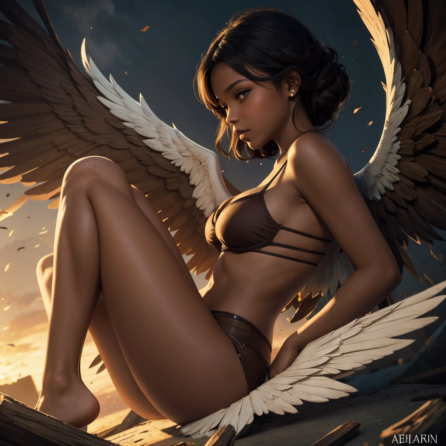 Storybook style illustration, a fallen angel with a broken wing, brown skin, no bra tears falling pin-up sexy