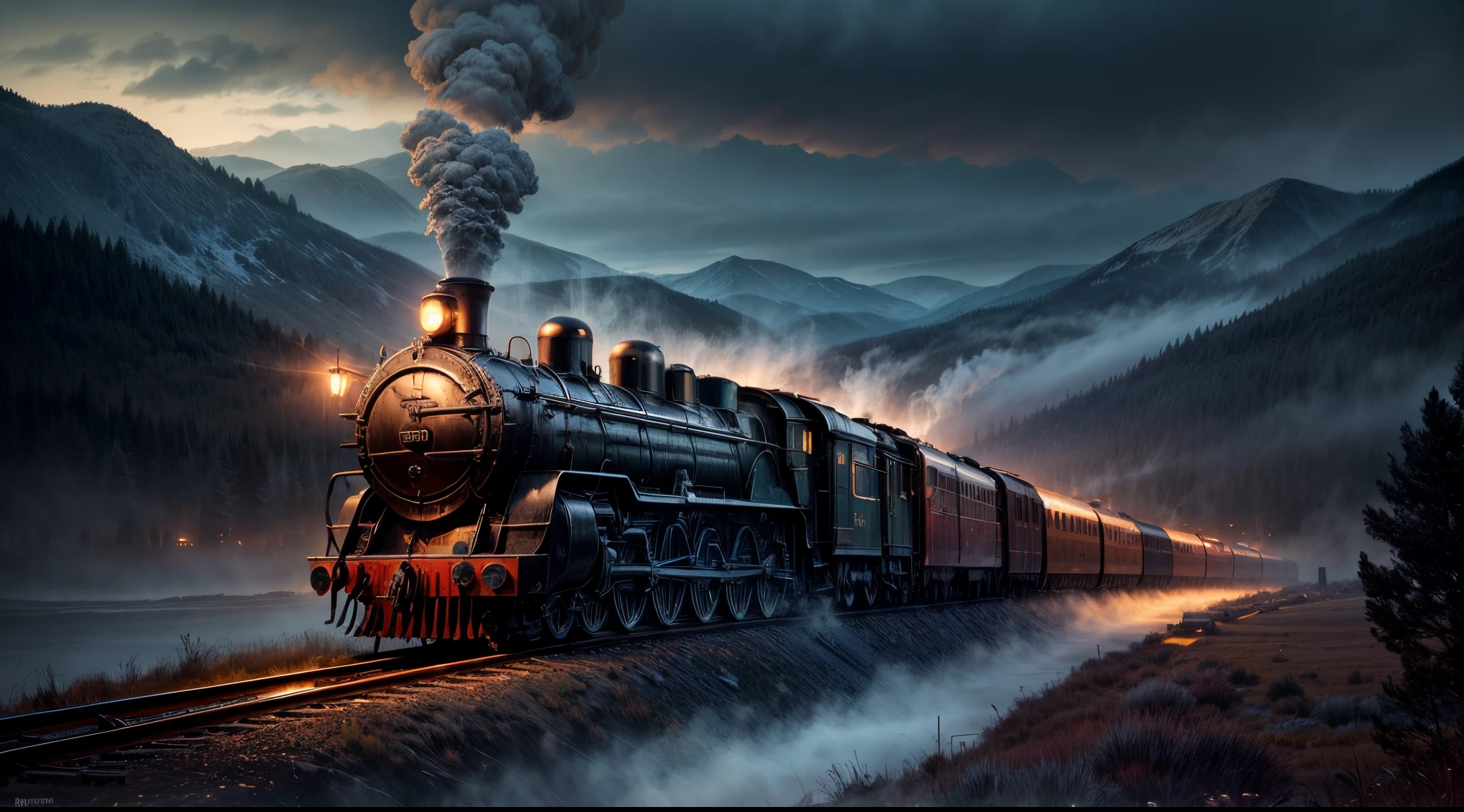 (best quality,4k,8k,highres,masterpiece:1.2),ultra-detailed,(realistic,photorealistic,photo-realistic:1.37),one train,dark landscape background,moody atmosphere,ominous clouds,twilight sky,silhouettes of trees and mountains,steam rising from the train,mysterious shadows,heavy fog,moonlit scene,majestic scenery,faraway mountains,reflective lake,crisp air,melancholic mood,vibrant colors,vintage steam locomotive,echoing train whistle,lonesome feeling,smoke billowing from the train,captivating anticipation,subtle highlights and shadows,distant city lights,Gothic architecture,lonely railway track,nighttime serenity